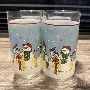 Set of 4 Christmas Snowman Highball Glass Tumbler  Vintage winter holidays